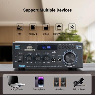 NEOHIPO HiFi-усилювач AK45 Mini, Bluetooth стерео аудіоусилювач 400Вт, 2-канальний, цифровий, з FM-радіо, SD/USB, для дому або авто, чорний