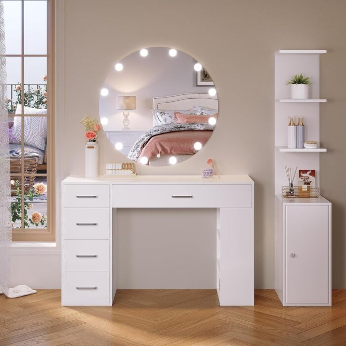 Туалетний столик SONNI з LED-підсвіткою, дзеркалом HD, 10 рівнями яскравості, 3 кольори, з шухлядами, косметичний столик-комод для спальні, білий, 30x58x160 см