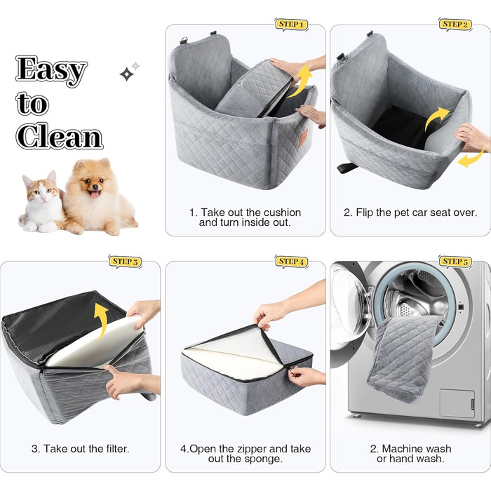 Автокрісло для собак середніх та маленьких порід, сіре, з кишеньками для зберігання та поводок. З піднятою спинкою.