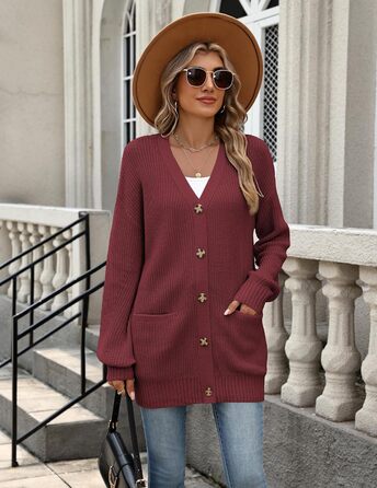 Жіноча в'язана жилетка Zeagoo з довгим рукавом, кардиган з ґудзиками, вільний V-подібний виріз, груба в'язка, повсякденна куртка для осені та зими (Бордовий, L)