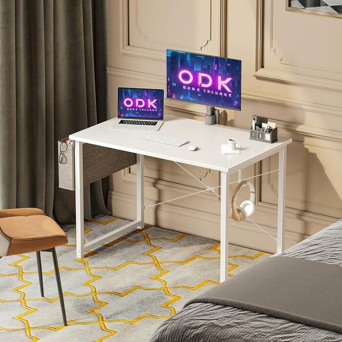 Комп'ютерний стіл ODK 80×40×73,5 см, білий, з тримачем для навушників і кишенею для зберігання, дерев'яний письмовий стіл для дому та офісу