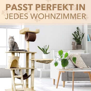 Кігтеточка Foxdevil для котів Xonic® - багатофункціональна кігтеточка з оглядовою платформою, гамаком, затишною печерою, іграшковою шнуркою, сходами – 141 см – (Бежевий/Коричневий V1)