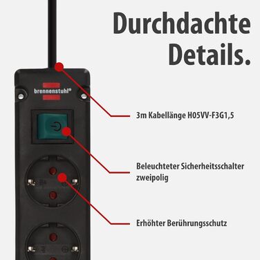 Смуга розеток Brennenstuhl Bremounta 5-портова з USB-зарядкою, чорна, з вимикачем, поворотні розетки 90°, 3м кабель