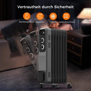 Масляний радіатор COWSAR: Енергоефективний обігрівач з 3 режимами, захистом від перекидання та перегріву, 1200W, сірий для вітальні та спальні