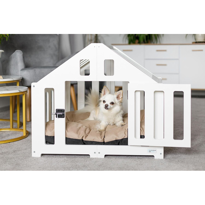Будка для собак з дерева, клітка для собак із замком, вольєр для тварин, собачий вольєр, собача будка, переноска для домашніх тварин, чорна (74 x 53 x 64 см), білий колір