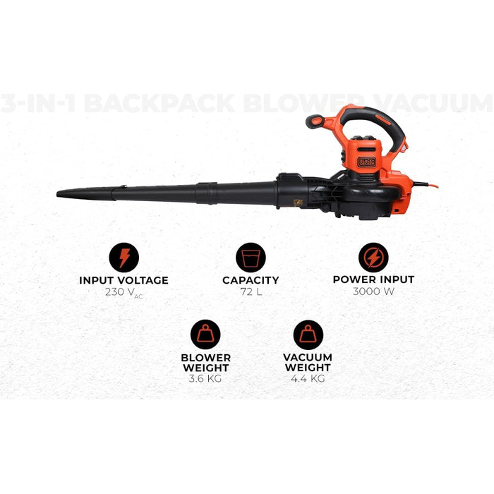 BLACK+DECKER 3-в-1 акумуляторний садовий пилосос-видувка 3000 Вт з подрібнювачем, рюкзаком-мішком 72 л, регульованою потужністю, для терас і доріжок (BEBLV300)