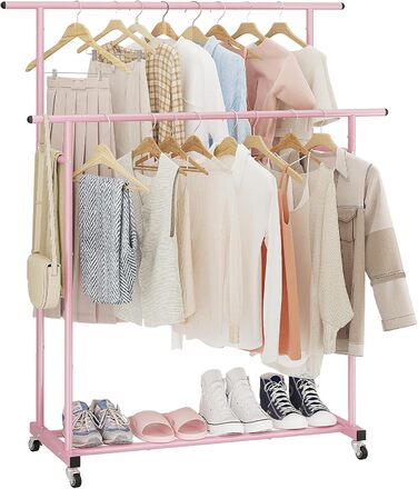 Clothes Rack with Double Rod, Rolling Clothes Rack, Portable Clothes Rack for Bedroom, Living Room, Clothing Store (Pink)