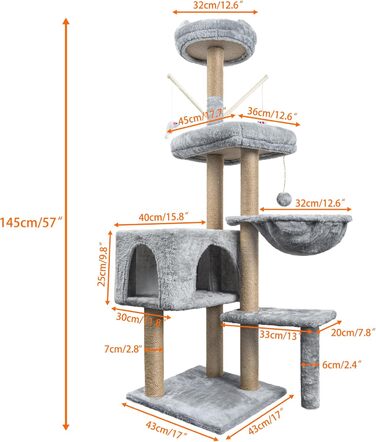 Драбина-кіготь для котів HOMIDEC 145 см з сизалю, з печерою та платформами, сірий