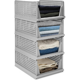 Set of 4 Stackable Folding Clothes Closet Storage Boxes, Plastic Closet Shelves, Closet Organizer Box, Pull-Out Drawer-Like Design, Suitable for Home, Bedroom, Kitchen (Gray)