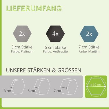 Акустичні панелі platino24 Edition LOFT 3D, набір 8 елементів Ø 300мм, звукопоглинаючі плити Basotect для стін та стелі (2x Платина, 4x Антрацит, 2x Маритим)