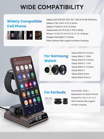 Бездротовий зарядний пристрій 3-в-1 для Samsung Galaxy S25 Ultra, Watch 8/7/Ultra, Buds, з цифровим годинником (дерев'яна текстура)
