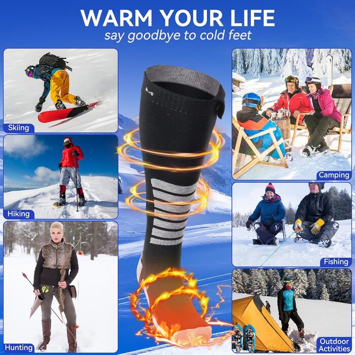 Гріючі шкарпетки для жінок та чоловіків Ninonly з 4 рівнями нагріву, акумулятор 5000mAh, для катання на лижах, піших прогулянок, кемпінгу та зимових активностей
