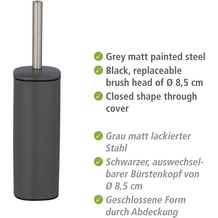 Набір для туалету WENKO Alassio: щітка для унітазу з висувним тримачем, змінна головка 8,5 см, чорний метал, 9,3 x 39,2 x 9,3 см, матовий сірий
