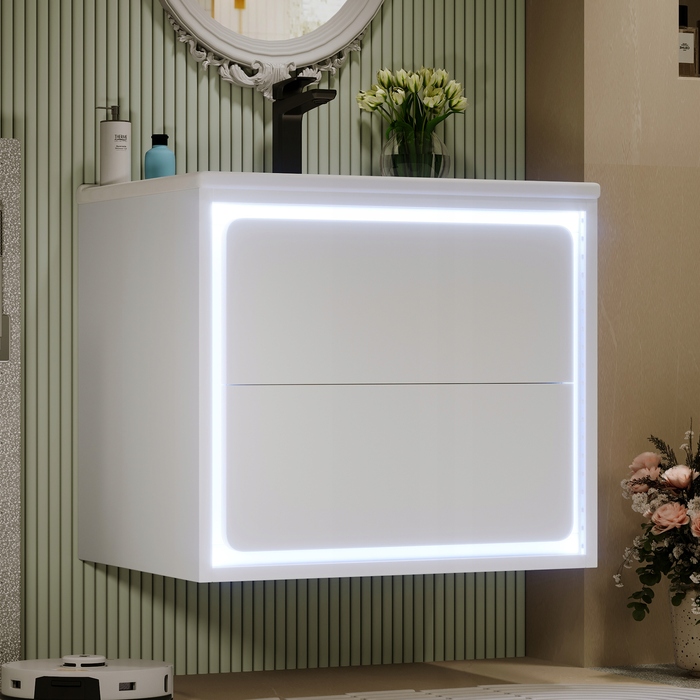 Підвісна шафа у ванну кімнату з LED-підсвіткою та висувними шухлядами з дотягувачами