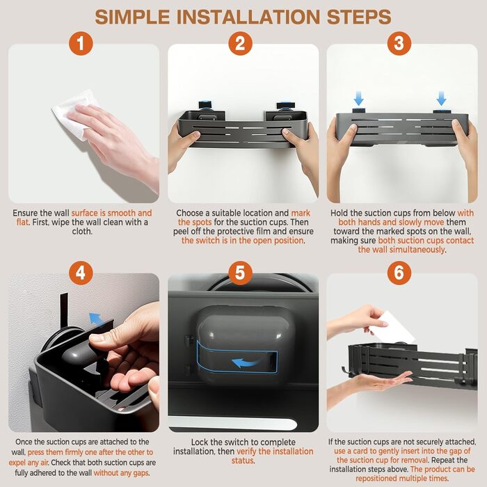 Сучасна поличка для душу Lekesky, стійка до іржі, 2 шт., Gunmetal Grey, алюміній, на присосках, без свердління, з 12 гачками, прямокутна