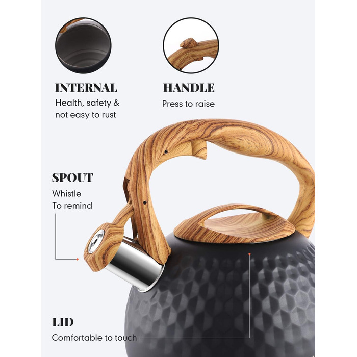 Чайник BELANKO Teekessel 2.7л з свистком, з дерев'яною ручкою, з нержавіючої сталі, чорний матовий, для плити, індукції, діамантовим дизайном