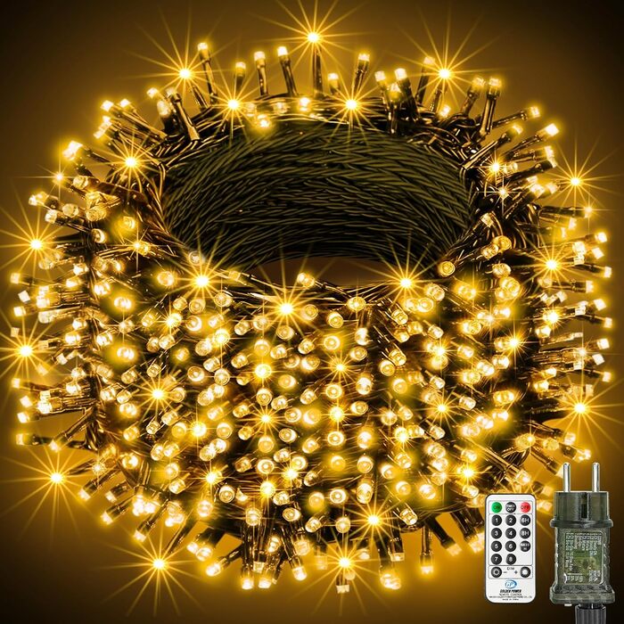 Льо́хка гірлянда BTfarm 20M з 200 LED, зовнішнє живлення, пульт дистанційного керування, таймер, для дому та саду, 8 режимів, IP65, тепле біле світло, чорний кабель 30м