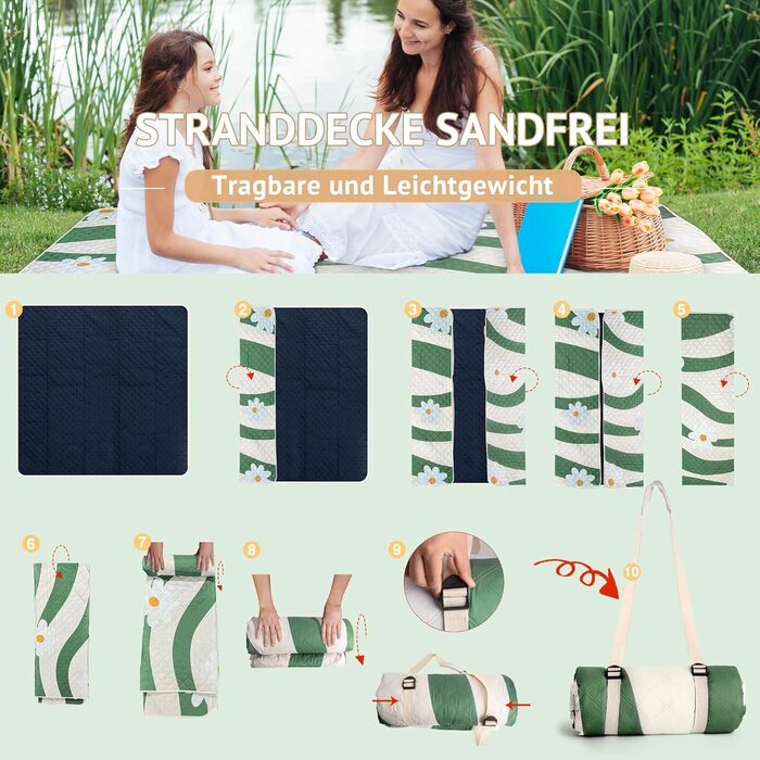 LARUTAN Beach Blanket, Waterproof, Machine Washable, Portable Picnic Blanket with Shoulder Strap - for Beach Days & Picnics Versailles Daisy 200 x 200 cm