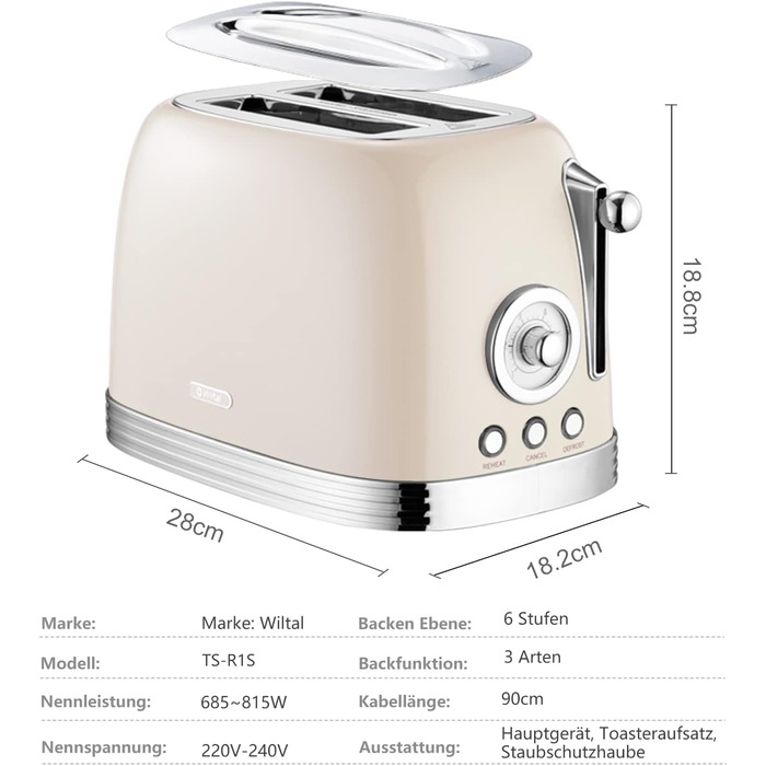 Електричний чайник та тостер Retro, зелений (кремово-білий), нержавіюча сталь, 2200 Вт, 1.8 л, BPA-free