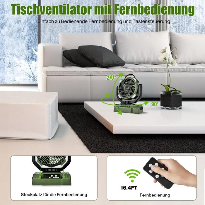 Портативний вентилятор для кемпінгу з акумулятором 10000mAh, LED-ліхтар, 270° обертання, USB-зарядка, для намету, риболовлі, офісу (зелений)