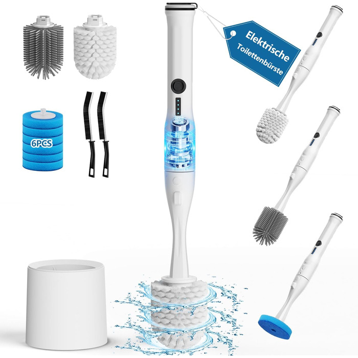 Electric Toilet Brush and Holder, Leebein Electric Toilet Bowl Scrubber Kit with 8 Replaceable Brush Heads, Disposable Toilet Brush with 6 Cleaning Refills, 2 Grout Brushes