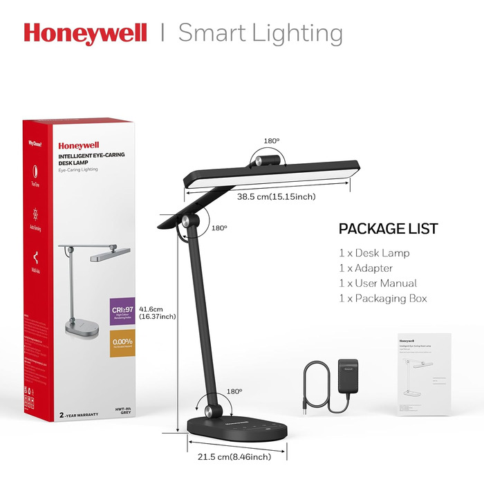 Настільна LED лампа Honeywell H4 Sunturalux - Офісна лампа з диммером, 3 режими кольору, 5 рівнів яскравості, таймер, сенсорне управління, сірий (чорний)