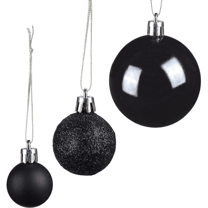 Relaxdays Christmas Baubles, Set of 100, Christmas Decoration, Matte, Glossy, Glittering, Christmas Tree Balls ∅ 3, 4 & 6 cm, Black, 10027269_46
