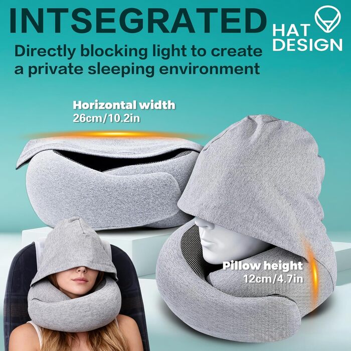 Подушка для шиї в літак/автомобіль/потяг: регульована подушка з Memory Foam, капюшоном, маскою для сну та чохлом. Підтримка голови та шиї для комфортної подорожі.