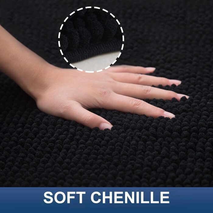 Великий килимок для ванної кімнати Chenille 50x120 см, антиковзаючий м'який килим у ванну з високим ворсом 1.5 см, гігроскопічний та придатний для прання (Чорний)