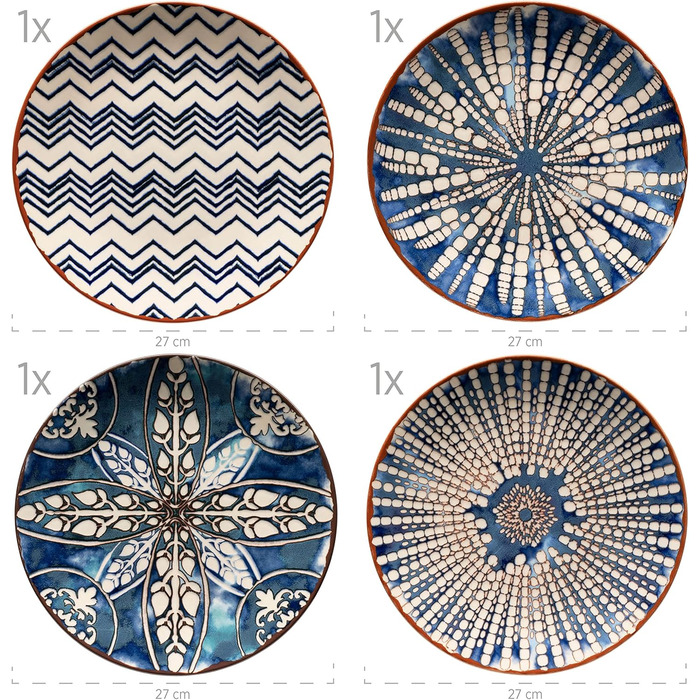MÄSER 934017 Iberico Blue 12-piece tableware set for 4 people in Moorish style, plate set with various vintage patterns in white and blue, stoneware