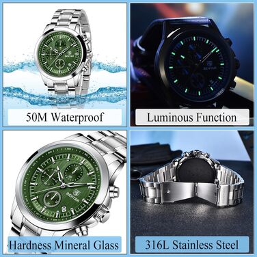 Годинник чоловічий BENYAR Chronograph Аналоговий кварц Водостійкий з підсвічуванням дати, стильний бізнес-годинник (сталь, зелений)