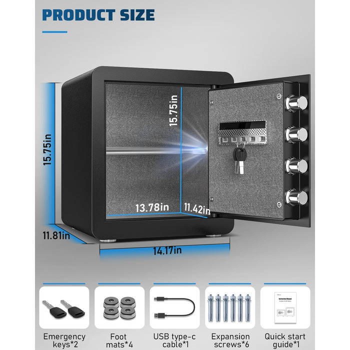 Сейф Kavey 42L з цифровим замком та подвійним сигналом тривоги, з LED-підсвіткою та висувним ящиком