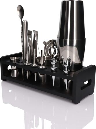 Набір для коктейлів Whiskey Rocks 17-Piece з бамбуковим підставкою: шейкер, мірний стакан, товкачик, ложка, з нержавіючої сталі, сріблястий