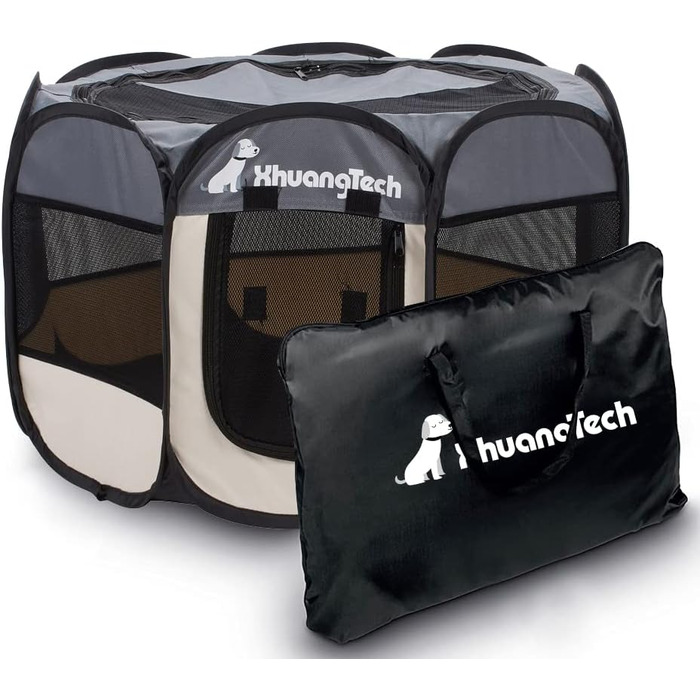 Клітка-манеж для тварин XhuangTech: собаки, коти, цуценята, 80x80x58,4 см, м'який матеріал, портативна, складана, для дому та вулиці, сірий та бежевий