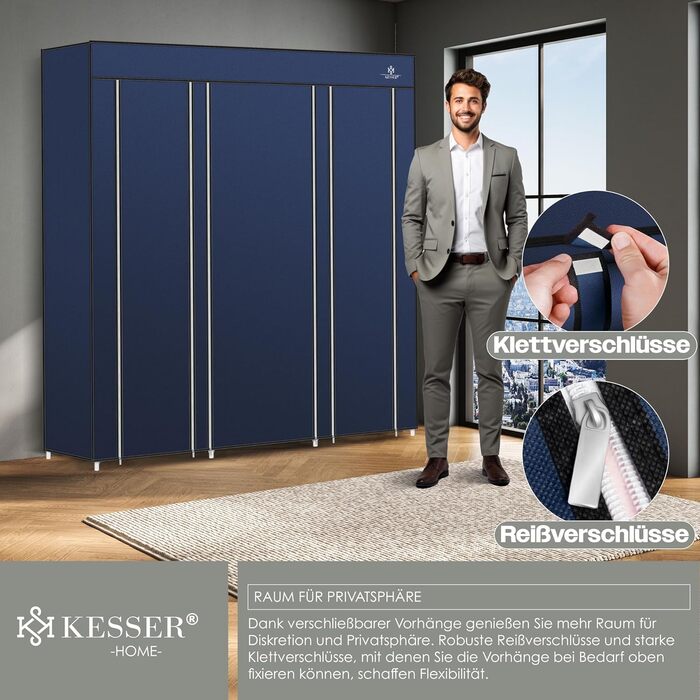 KESSER® Wardrobe Clothes Closet Stable with Clothes Rail & Shelves, Incl. 5x Clothes Hangers, Fabric Folding Closet for Bedroom, Dressing Room Wardrobe with Clothes Rack 150x45x175cm (Navy Blue)