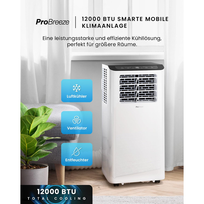 Мобільний кондиціонер Pro Breeze™ 4-в-1: охолоджувач, вентилятор, осушувач повітря, нічний режим, клас енергоефективності A, комплект ущільнювача для вікна, пульт дистанційного керування та таймер 24 години, білий (12000 BTU, Smart App)