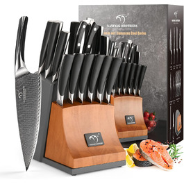 18-Piece Damascus Kitchen Knife Set with Hammered Handles & Wooden Block - Premium Quality Sharp Steel Blades
