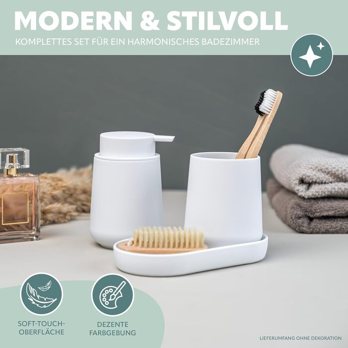 Набір аксесуарів для ванної кімнати Eluno TESERO, 3 шт. (дозатор мила, стакан, миска), пластик, білий