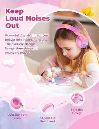 iClever Бездротові навушники для дітей з LED-підсвіткою, Over-Ear, Bluetooth 5.2, мікрофон, BTH12 (Tie-dye рожевий)