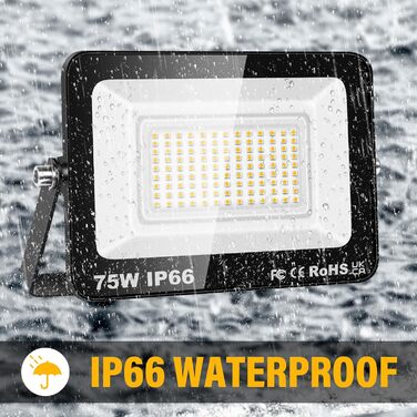 RIGIDON 2x 75W LED Floodlights Outdoor, 7500LM Outdoor Floodlight, 3000K Warm White IP66 Waterproof LED Floodlight Spotlight, Outdoor Lamp for Garden, Courtyards, Garage, Hotel, Sports Field, Workshop