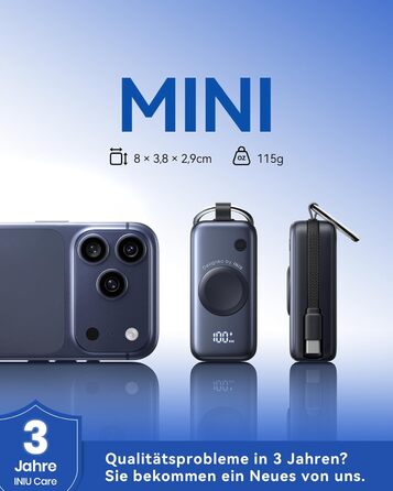 Power Bank INIU для Apple Watch, 5000mAh, вбудований кабель, LCD-дисплей, сумісний з iWatch 10/9/8/Ultra2/Ultra/SE, iPhone 16/15 (Чорний)