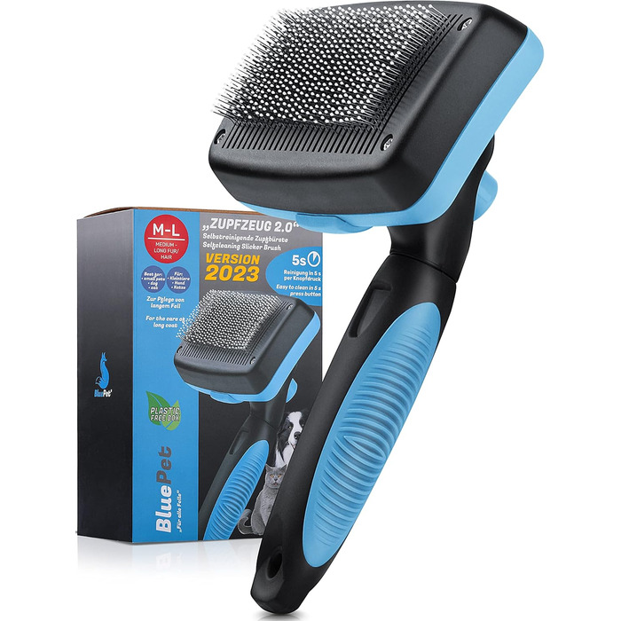 Щітка для собак та котів BluePet для довгої шерсті - видаляє підшерсток, ковтуни та вузли. Версія 2.0 з кнопкою очищення. Для щоденного використання (Блакитна) 2.0