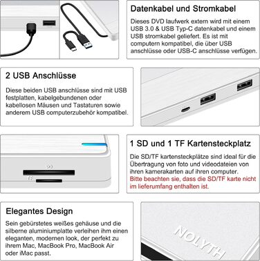 Зовнішній DVD-накопичувач для ноутбука Ultra Slim: портативний CD/DVD привід USB з картридером SD/TF для Mac, MacBook, Windows