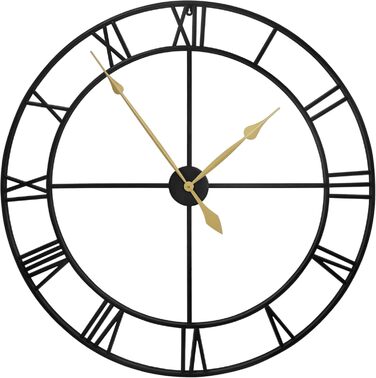Maxstar Modern Roman Numeral Large Wall Clocks, Non-Ticking Round Metal Silent Vintage Wall Clock for Living Room, Kitchen, Bedroom, Garden Decor - Gold (Black, 100CM)