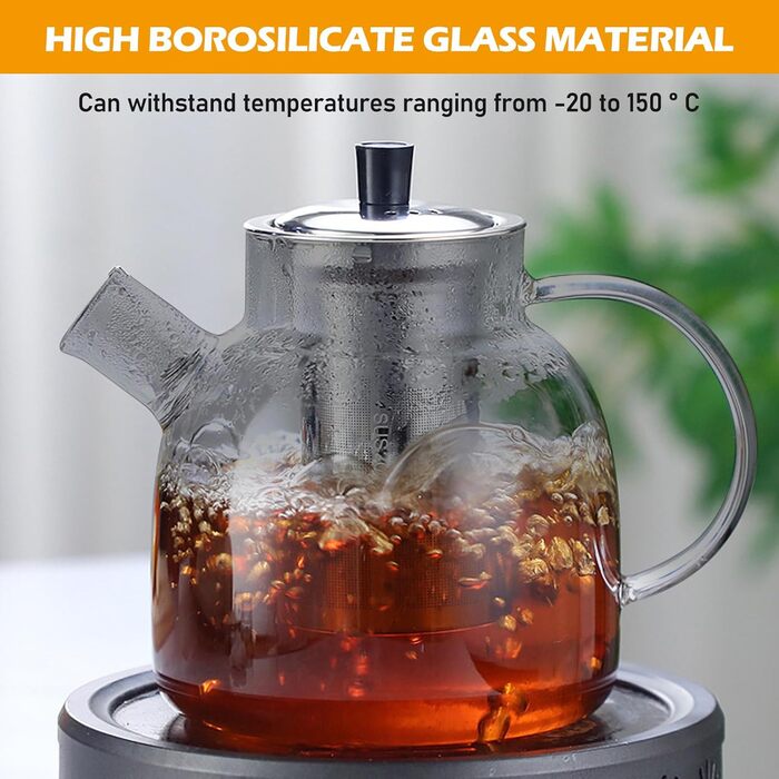 Скляний чайник для заварювання чаю 1500 мл з ситечком та підставкою-підігрівачем із нержавіючої сталі