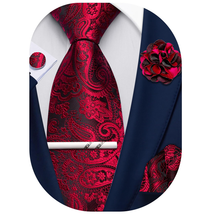 Набір краваток для чоловіків: краватка, нагрудна хустинка, краваття, затискачі для краваток, застібка для краватки, 5 шт. чорний/червоний, для весілля, формальний стиль