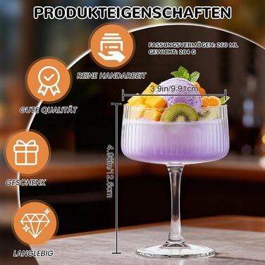 Бокали для коктейлів Martini Crystal Coupe 260 мл, набір 4 шт., великі бокали для шампанського та еспресо Мартіні, ручна робота