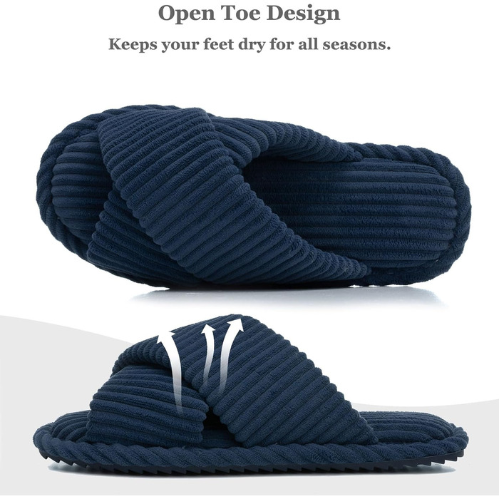 Жіночі тапочки GOEWY з Memory Foam, з тканинного матеріалу для дому, відкриті, з перехресними ремінцями та бантиком, антиковзаюча підошва. Зручні та модні шльопанці як стильний подарунок. (Темно-синій, 40/41.5 EU)