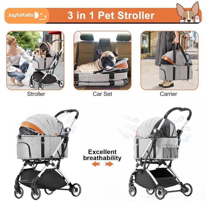 Візок для собак 3 в 1, візок для котів до 15 кг, сірий. Складаний візок для собак та котів з сумкою-переноскою, для маленьких та середніх тварин. З дощовим покриттям