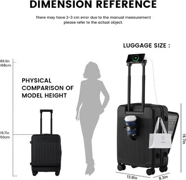Чемодан ручної об'єм 20 дюймів з відділенням для ноутбука, легкий валіз з жорсткою оболонкою та TSA-замком, ручна поклажа на спінінгових колесах, USB-зарядний пристрій та тримач для напоїв, чорний